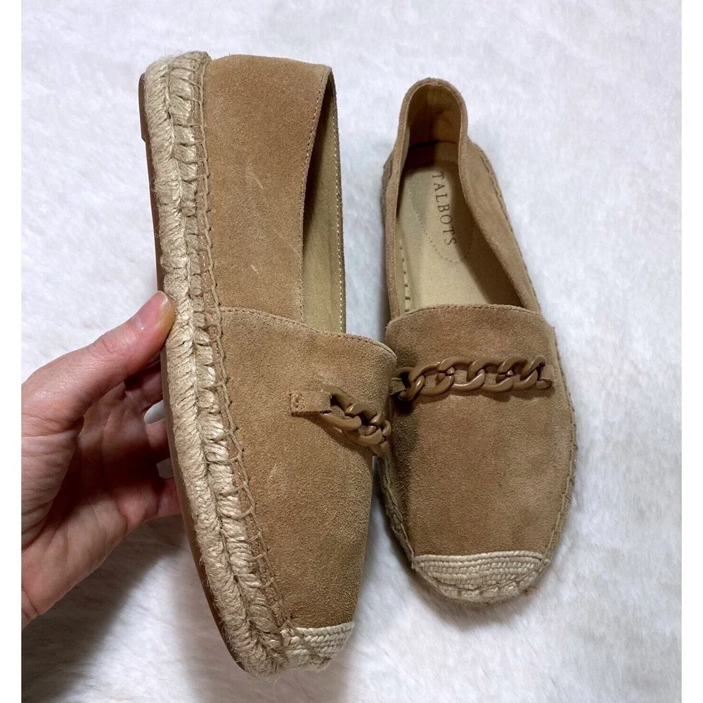 Talbots Hadley Women's 6 Tan‎ Suede Espadrille Loafers Chain Link Detail Boho